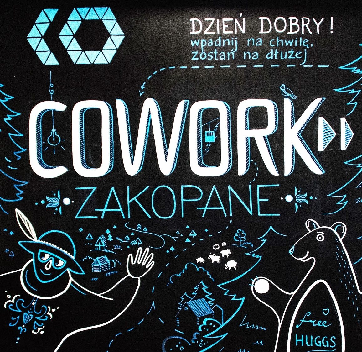 Mural COWORK ZAKOPANE — wirtualne biuro przy ul. Orkana 2 w Zakopanem